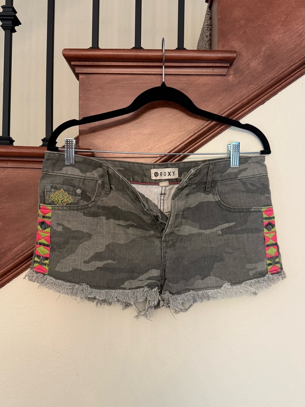 Roxy Camo Jean Shorts with Neon Side Embroidery